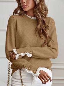 EMERY ROSE Women's Casual Lace Trim Round Neck Long Sleeve Sweater, Autumn/Winter - Khaki - View 5