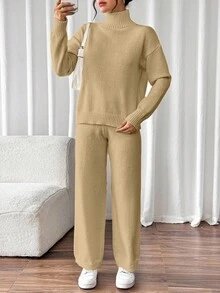 Chiquease Bộ 2 món áo len cổ đứng màu trơn thường ngày và quần dệt kim, mùa thu/đông - Màu Khaki - Xem 4