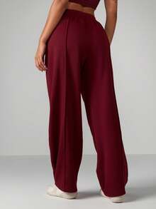 MISSGUIDED Quần nỉ ống rộng ấm áp có túi, cạp cao, quần dài thoải mái, quần thể thao rộng rãi, thoải mái cho mùa đông và mùa thu - Màu Đỏ Sâu - Xem 2