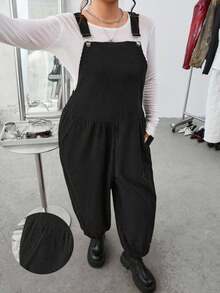 SHEIN EZwear 秋冬款大码黑色灯芯绒背带裤 - 黑色 - 查看 4