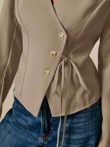 Poéselle 女式纯色长袖单排扣腰系带休闲衬衫 - 淺灰色 - 查看 3