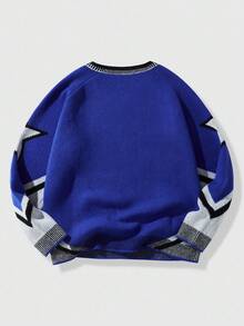 ROMWE MEN Prep Pull tricoté à col en V de style baseball pour hommes, brodé, style de rue rétro, automne/hiver - Bleu azur - Voir 2