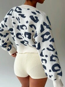 SHEIN Unity 女式豹纹落肩长袖短款宽松开衫，秋冬 - 彩色 - 查看 2