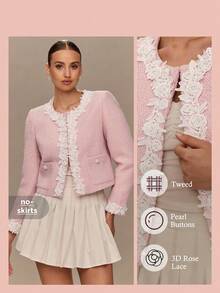 Enchnt Fall/Winter Romantic Women's Pastel Pink Tweed ROSE Embroidered Lace Decor Jacket With Pearl Buttons,Chic&Elegant&Fashionable For Vacation&Date&Holiday&Graduation&Wedding Guest&Office&Going Out&Halloween&Christmas,Back To School,Fall Jackets For Women,Autumn Clothes - Pink - View 1
