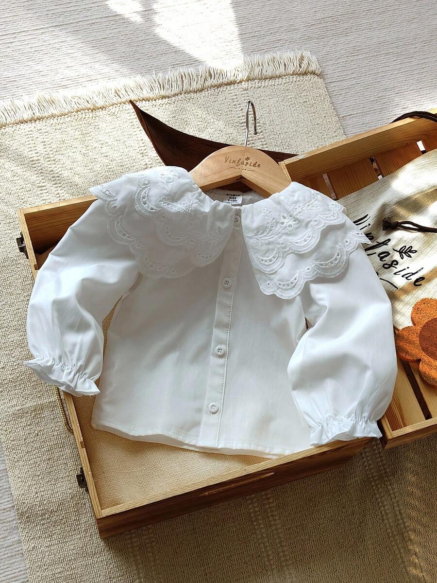 SHEIN Vintaside Kids Baby Girls' White Lace Collar Long Sleeve Blouse, Fashion Versatile Casual Shirt With Elastic Cuffs, Comfortable And Stylish For Daily Wear, Spring/Autumn - White - View 1