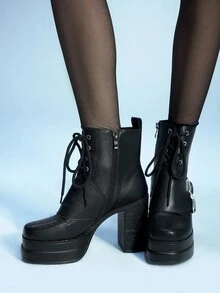 Sugerpunk 女士户外方头高跟靴，PU 模压鞋底，黑色面料和 PU 组合材质，时尚舒适，适合日常穿着和派对，系带设计 - 黑色 - 查看 3