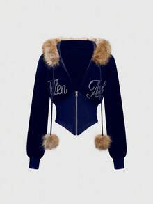 ROMWE J-Fashion 2 件套女式 Y2K 天鹅绒水钻拼布连帽衫上衣和裤子套装 - 藍色 - 查看 7