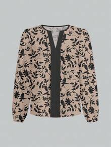 Shutterstock Glamance Plus Size Elegant Loose Cutout Collar Long Sleeve Shirt, Autumn Floral Blouse Women Long Sleeve Blouse Blouses Elegant Artwork Print Design Casual Commuter Ladies - Multicolor - View 3