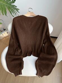 Comfortcana 秋冬大码休闲纯色纽扣罗纹针织开衫 - 棕色 - 查看 2