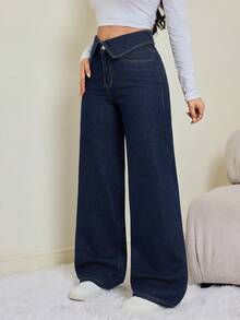 SHEIN Tall 女式翻边腰阔腿宽松休闲牛仔裤 - 深色水洗藍 - 查看 6