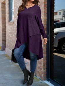 SHEIN Plus Size Solid Color Long Asymmetrical Hem Round Neck Long Sleeve T-Shirt - Purple - View 3