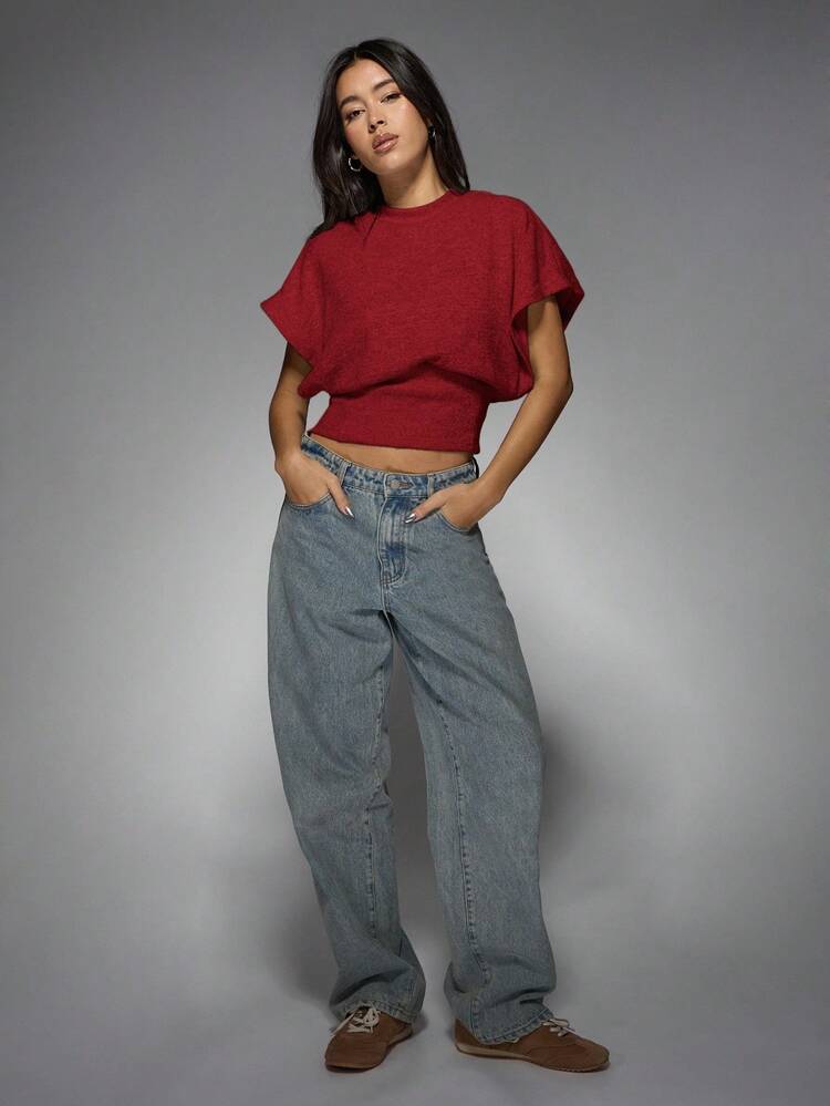 MISSGUIDED Trendsetting Mock Neck Knitted Dolman Sleeve Crop Top For Fall Winter Fashion With Fitted Waist Ribbed Design Knit Casual Blouse Christmas