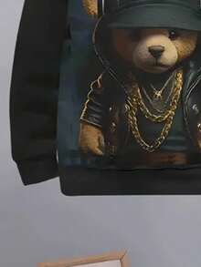 1 Set Young Boys' Fashionable Cool Cute Bear & Letter Print Hoodie Sweatshirt + Pants Outfit, Suitable For Autumn/Winter Daily Wear, School, Etc.