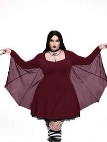 Whyspr 大码女式黑色圆领束腰修身街头风格 A 字下摆蕾丝花边深色朋克蕾丝花边蝙蝠袖巫婆连衣裙，适合万圣节、返校、节日 - 酒紅色 - 查看 1