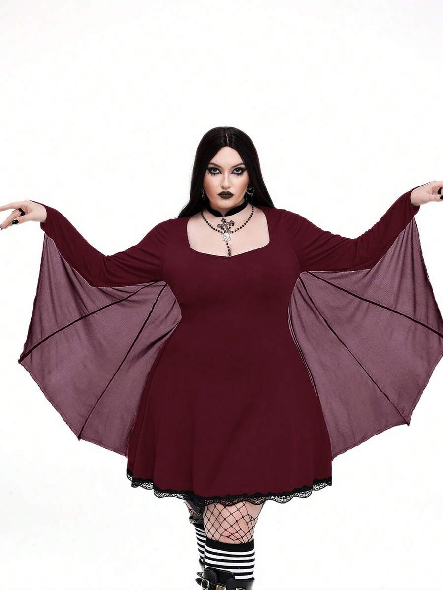 Whyspr 大码女式黑色圆领束腰修身街头风格 A 字下摆蕾丝花边深色朋克蕾丝花边蝙蝠袖巫婆连衣裙，适合万圣节、返校、节日 - 酒紅色 - 查看 1