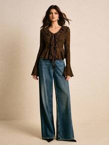 Poéselle 女式荷叶边领口前系带喇叭袖时尚衬衫 - 棕色 - 查看 7