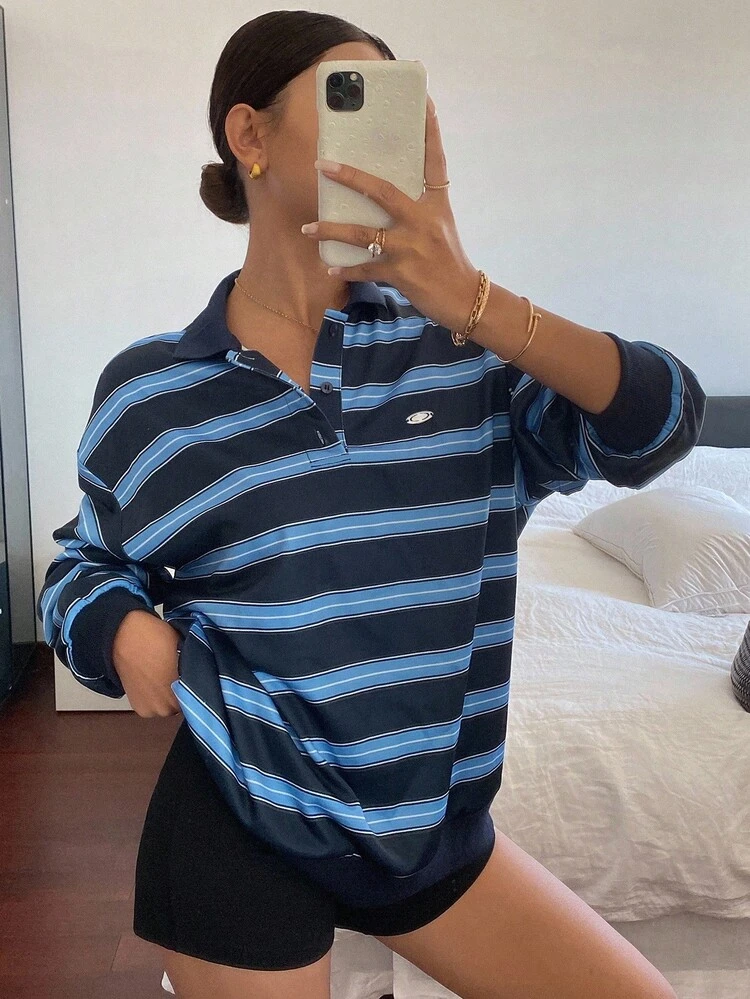 Loose Striped Long Sleeve Collared Casual Sports Top, Women's T-Shirt, Spring