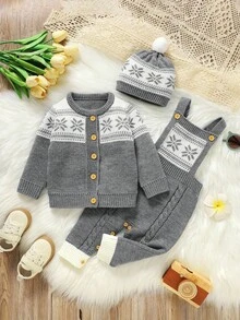 SHEIN 3 pezzi Set casual vintage per bambini: giacca a maniche lunghe con collo rotondo + tutina in maglia con bavaglino + cappello carino, outfit minimalista alla moda, autunno/inverno - Grigio - Visualizzare 3