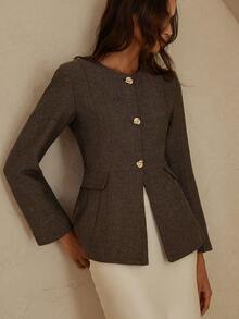 Aveloria Rosie Round Neck Herringbone Metal Button Decor Hem Patchwork Office Blazer - Multicolor - View 4