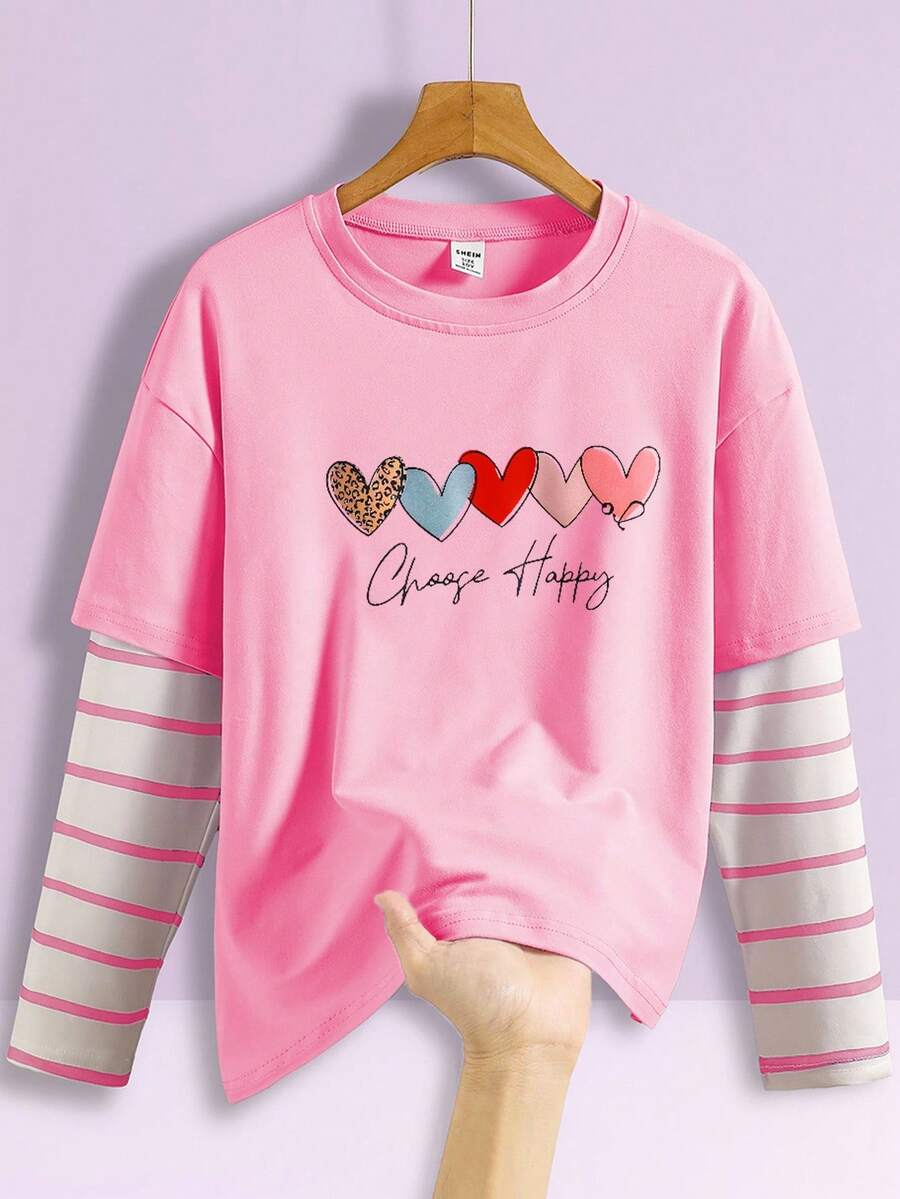 Girls Cute Cartoon Heart Pattern Comfortable Round Neck 2 In 1 Long Sleeve T-Shirt - Pink - View 1