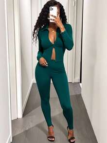 Chiquease Bộ áo thun dài tay cổ khóa kéo màu trơn và quần bó - Màu xanh ngọc - Xem 3