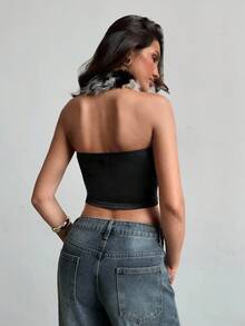 Aloruh Top court en patchwork de fausse fourrure pour festival de musique Y2K