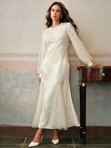 Anewsta Đầm dài vừa phải tay đèn lồng cổ tròn họa tiết dành cho nữ, thích hợp cho các dịp tiệc tùng, mùa thu/đông - Màu be - Xem 6