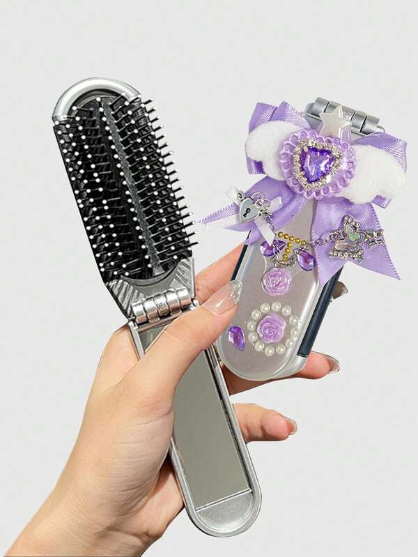 ROMWE Kawaii 1 pieza Peine plegable con espejo incorporado con estampado de leopardo, peine portátil con efecto airbag, accesorio para volver al colegio (la colocación del estampado es aleatoria)