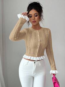 Elenzga Áo khoác cardigan ngắn cổ tròn dệt kim ôm sát mới cho nữ mùa thu, thiết kế nút kim loại, dễ thương cho ngày lễ tình nhân, đa năng - Màu be - Xem 1