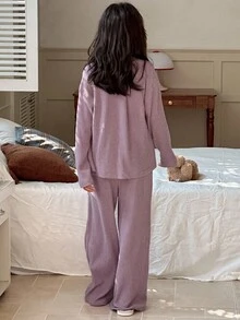DAZY Tween Girls Ribbed Knit Long Sleeve Top And Pants Pajama Set, Autumn - Purple - View 5