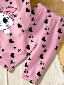 Sparklyn 2pcs/Set Girls Casual Fashionable Creative Heart & Cute Cat Graphic Print Hoodie Sweatshirt And Sweatpants Set, Suitable For Autumn/Winter Fall - Multicolor - View 7