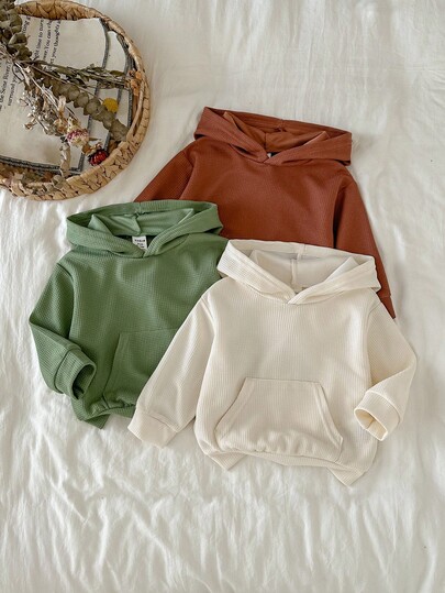 SHEIN 3 件装男婴纯色舒适华夫格针织简约连帽运动衫，带口袋，适合居家、日常穿着和户外活动，秋季