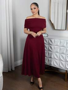 Melissa Matos Đầm dài chữ A lưng cao hở vai thanh lịch tối giản tinh tế lãng mạn thời trang dự tiệc đi làm đi chơi nghỉ dưỡng, váy dài màu xám - Màu Đỏ Sâu - Xem 1