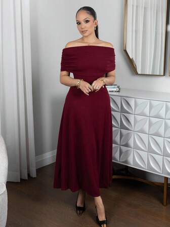 Melissa Matos 女士优雅简约精致浪漫时尚派对度假通勤露肩高腰 A 字长裙，灰色长裙