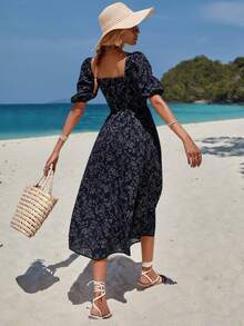 SHEIN Cottnline Vacation Casual Floral Puff Sleeve Dress - Multicolor - View 2