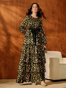 Anewsta Women's Autumn/Winter Formal Business Long Sleeve Metallic Embossed Layered Waist Cinching Velvet Bowknot Dress, Suitable For Lining Under Dresses