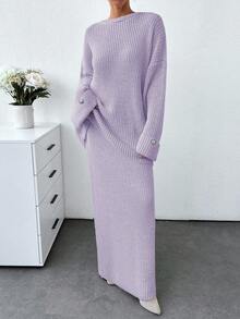 SHEIN Bộ áo len và chân váy len dáng rộng màu trơn dành cho nữ - Màu Lilac Tím - Xem 6