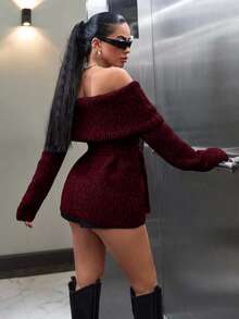 SHEIN Cottnline 女士露肩腰带舒适冬季毛衣套头衫 - 酒紅色 - 查看 2