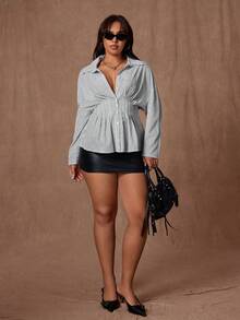 Rustia Plus Size Women's Autumn/Winter Striped Ruffle Long Sleeve Cinched Waist Button-Front A-Line Shirt Dress