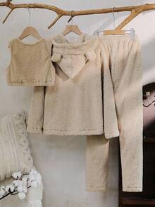 3pcs/Set Big Girl Plush Hooded Vest, Long Sleeve Jacket And Pants, Soft & Comfortable Solid Color Casual Loungewear Set, Autumn/Winter - Apricot - View 2