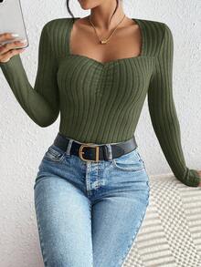 SHEIN Frenchy 女式纯色鸡心领长袖褶皱修身休闲T恤 - 墨綠色 - 查看 5