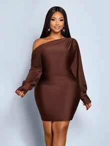SOLERSUN Plus Size Women's Chocolate Brown Autumn Elegant Night Out Club Satin Asymmetrical Oblique Shoulder Pleated Puff Sleeve Tight Hip Short Dress - Brown - View 2
