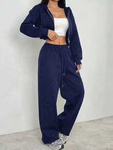 SHEIN PETITE Conjunto de dos piezas de sudadera con capucha y pantalón de chándal gris sólido casual para mujer