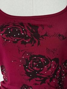 EgrlEra Women's Khaki Y2K Rhinestone Decor Black Pattern Print Streetwear Slim Fit Comfortable Punk Rock Casual Camisole - Red - View 4