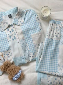 Comfortcana Conjunto de 2 piezas de camisa de manga larga con estampado de patchwork y pantalones de pierna ancha, estilo casual de vacaciones para mujer, primavera/otoño - Azul - Ver 5