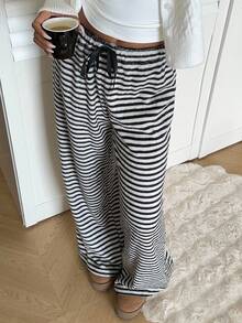 Aloruh Pantalones largos casuales de mujer con rayas y nudo delantero - Blanco y Negro - Ver 5