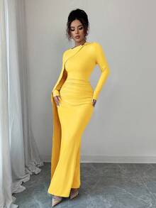 Elenzga Váy dự tiệc sinh nhật màu xanh da trời thanh lịch mùa hè mới, váy dài xếp ly eo đa năng dành cho nữ - Màu vàng - Xem 4