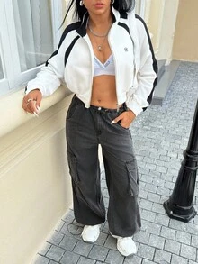 SHEIN EZwear Pantalon cargo en denim ample à taille élastique pour femmes - Gris foncé - Voir 7