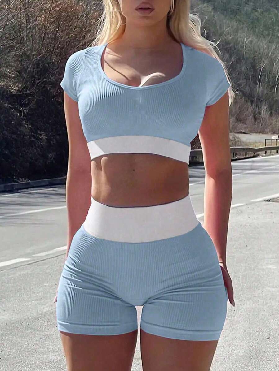 INAWLY Set áo crop top và quần short ngắn tay màu khối cho nữ cho mùa xuân hè - Màu xanh lam - Xem 1