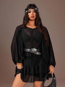 Rustia Plus Size Asymmetrical Ruffled Lantern Sleeve Waist Cinched Vacation Dress - Black - View 6
